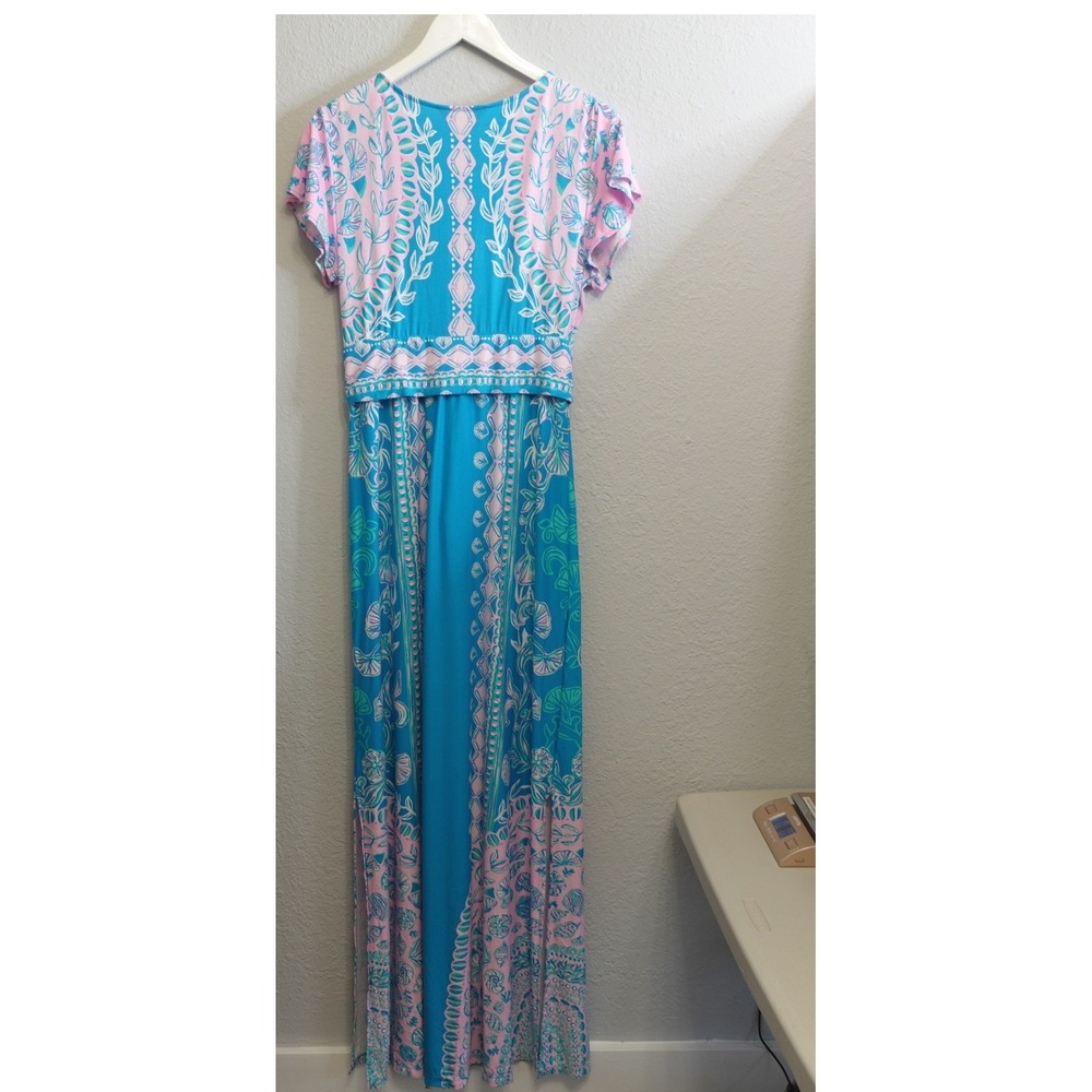 Lilly Pulitzer Esmarella Maxi Dress Large Pink Blue Shell Print Faux Wrap Boho - Picture 9 of 16